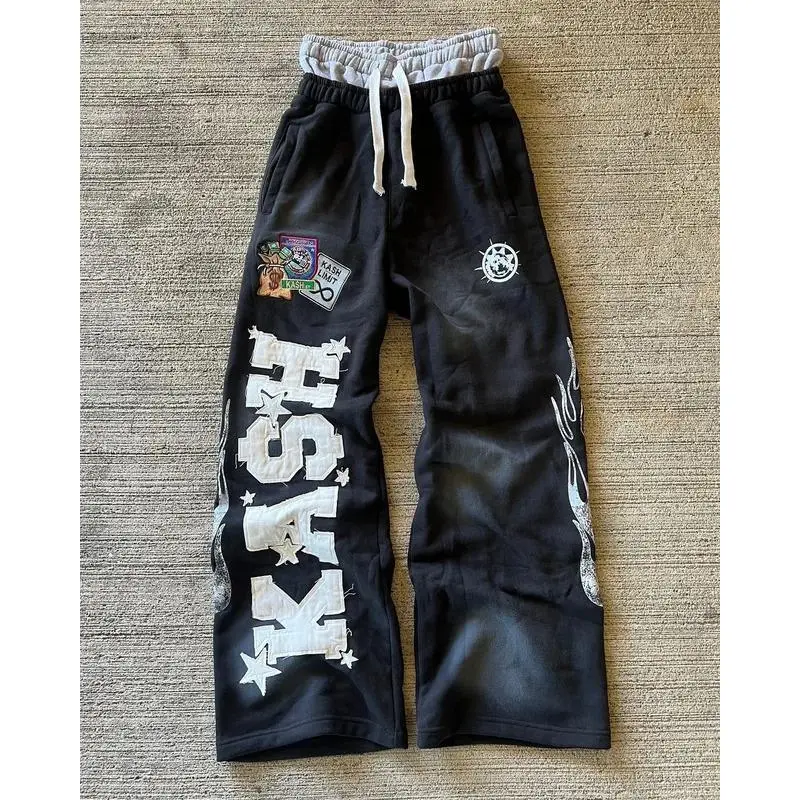 clothes  Sweatpants Y2K Pants Men Gothic Hip Hop Letter Patch Retro Double Layer Design Baggy Elastic Waist Jogging Casual Pants Menswear Trouser Streetwear Pocket