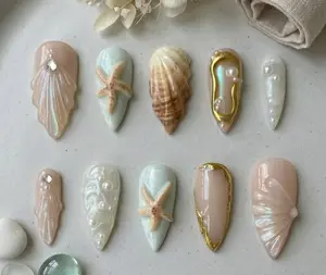 3D Ocean Shell Press On Nails, Mermaid Core Starfish Fake Nails