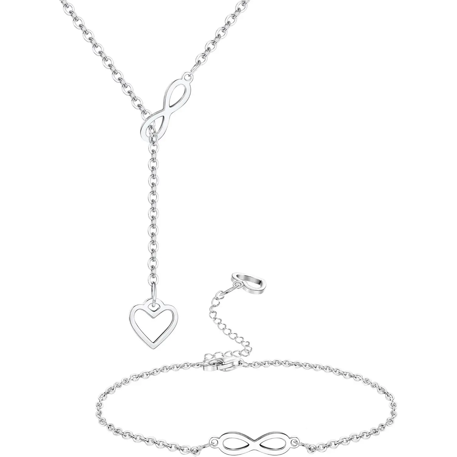 Women's Infinity Heart Necklace and Bracelet Set, 2-Piece Romantic Fashionable Jewelry, Valentine's Day Birthday Gift for Her, Fashionable Jewelry Set, Romantic Jewelry Sets