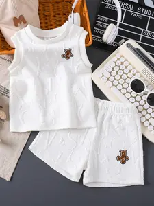 Summer Letter Embroidered Round Neck Bear Plain Vest Shorts Set, Fashion Trendy Toddler, Kids Casual Wear, Baby Clothing