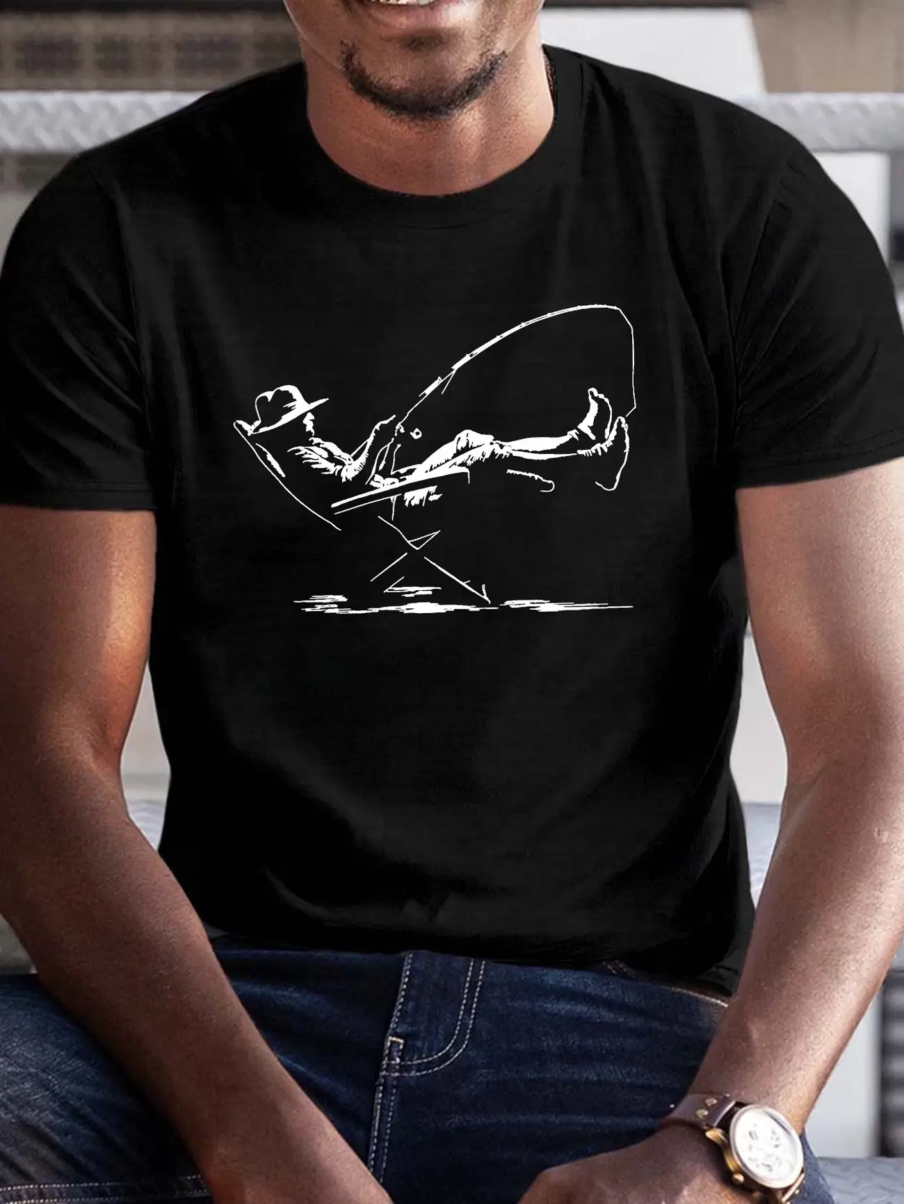 Mens Summer Casual Premium Printed Short Sleeve Relaxed Fit T-Shirt - Lazy Fishing Silhouette Graphic, Soft Breathable Fabric, Outdoor Everyday Wear Gift for Fishermen, SummerVibes