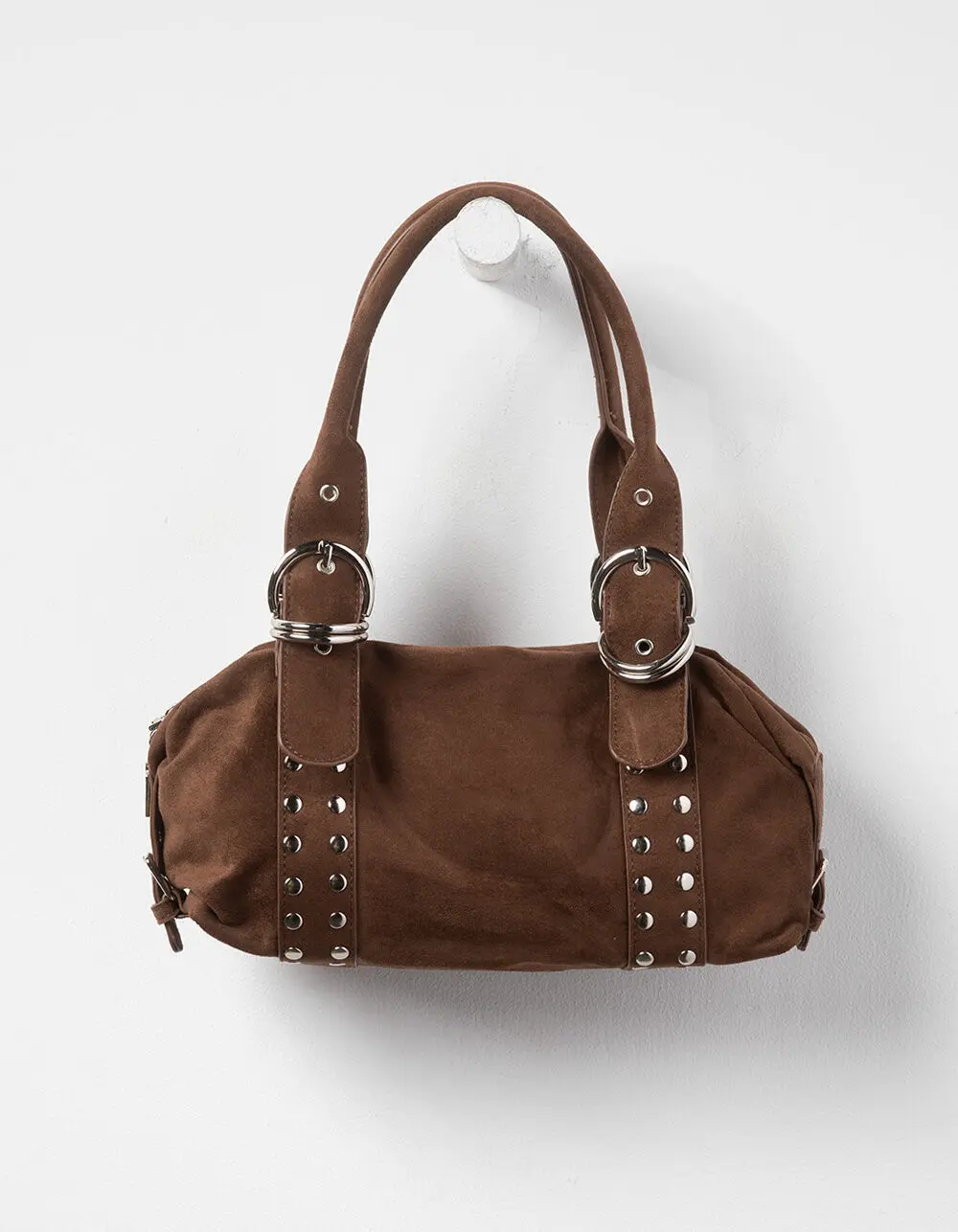 Studded Faux Suede Shoulder Bag, Dark Brown