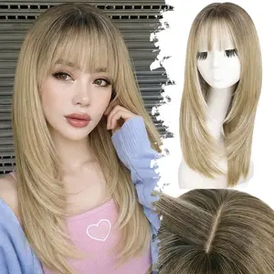 BEFUNNY 18 Inch Natural Looking Ombre Brown to Blonde Bangs Wig with Layered Straight Synthetic Hair - Heat Resistant Brown Root to Blonde End Gradient for Women, Hair Replacement, Cosplay, Party, Daily Wear Costume Wig