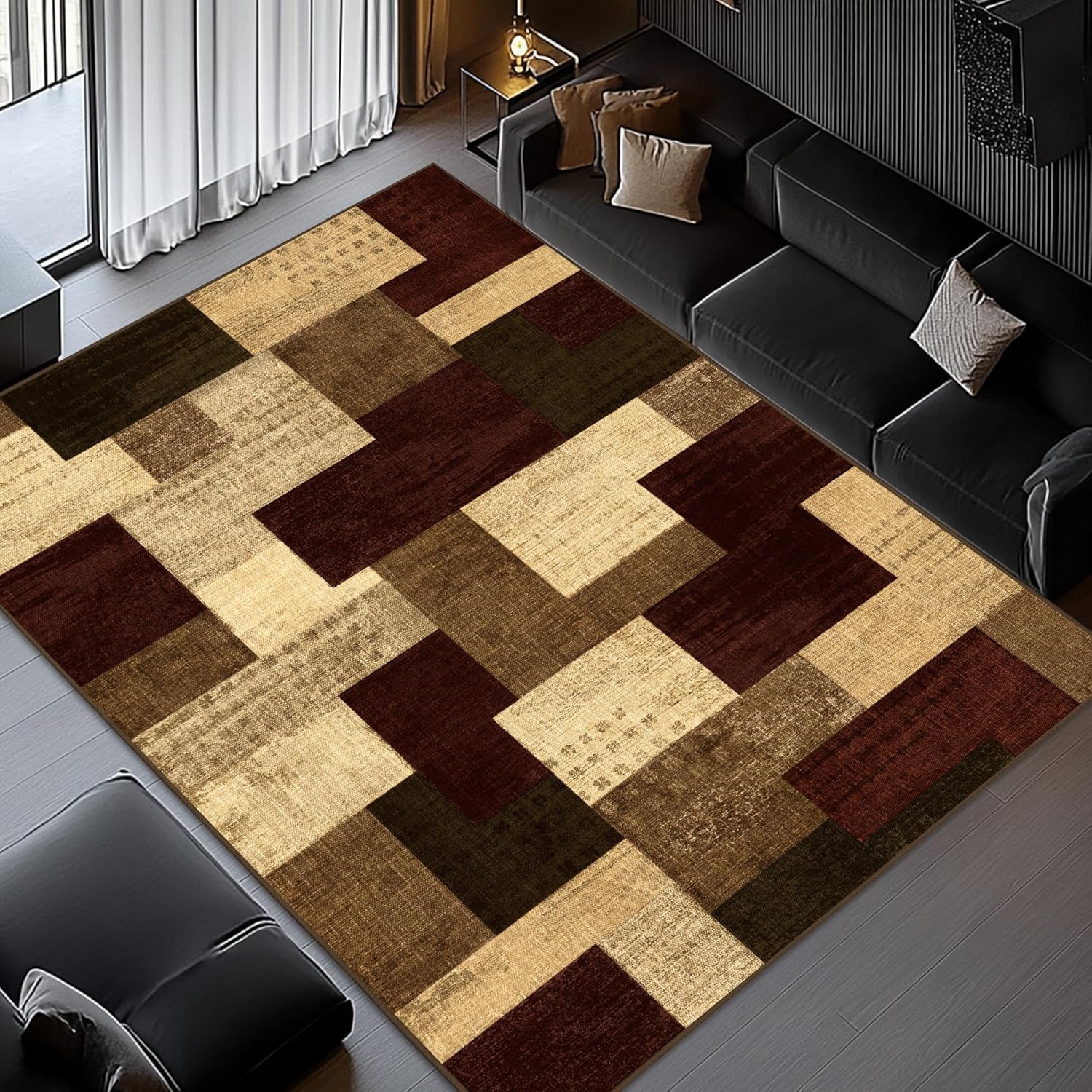 Modern Geometric Patchwork Rug Non Slip Backing Stain Resistant for Living Room Throw Carpet for Office Entryway Dining Room.