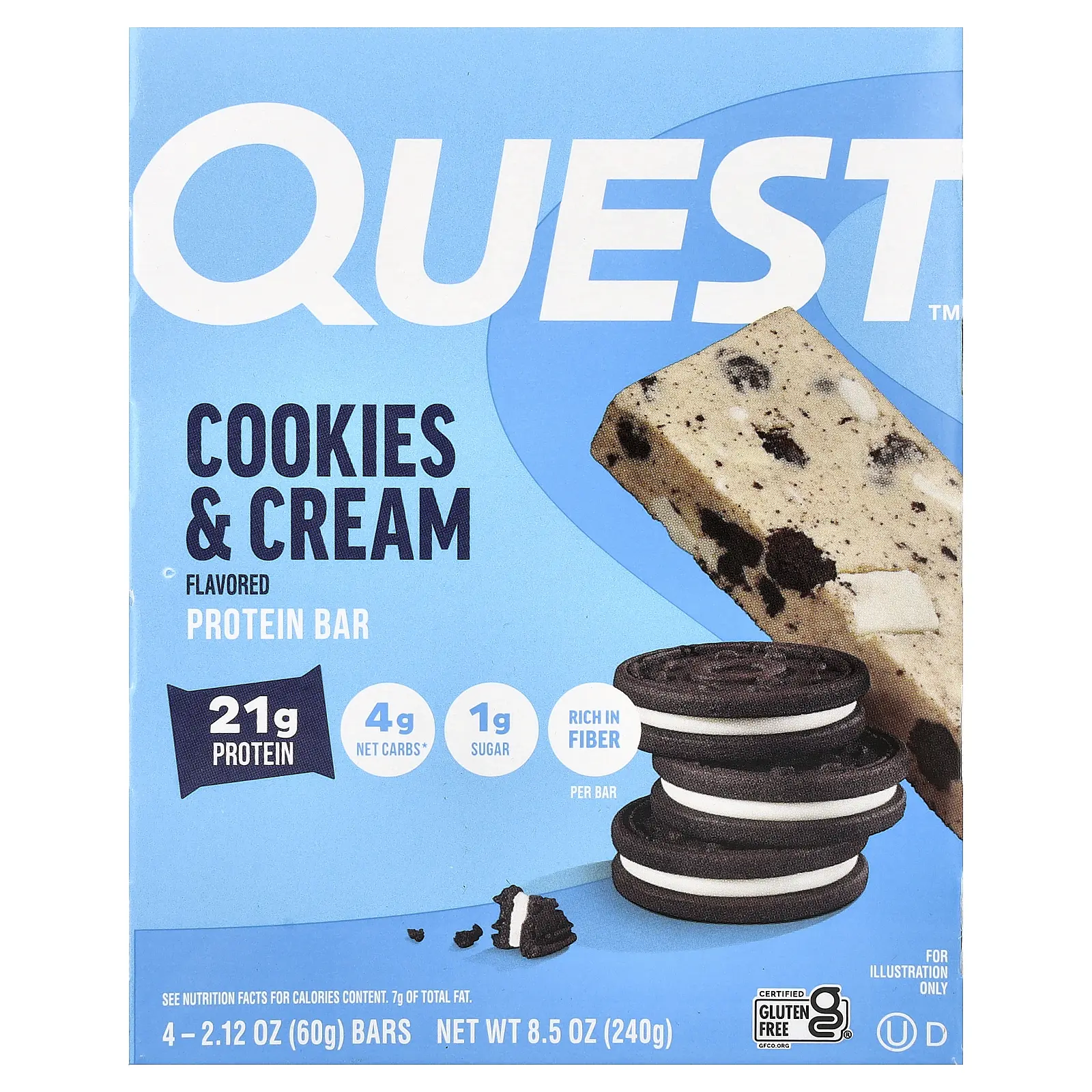 Quest Nutrition Protein Bar, Cookies & Cream, 4 Bars, 2.12 oz (60 g) Each Quest Nutrition Protein Bar, Cookies & Cream, 4 Bars, 2.12 oz (60 g) Each
