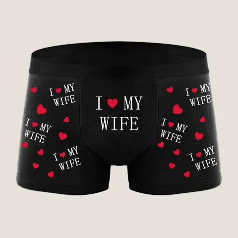 Men's Underwear Heart Letter Print Comfortable Breathable Fitted Briefs, Casual Style All Season Wear, Daily Use Soft Fabric Panties Heart Print Boxers Breathable Comfy Underwear, Breathable Undergarments