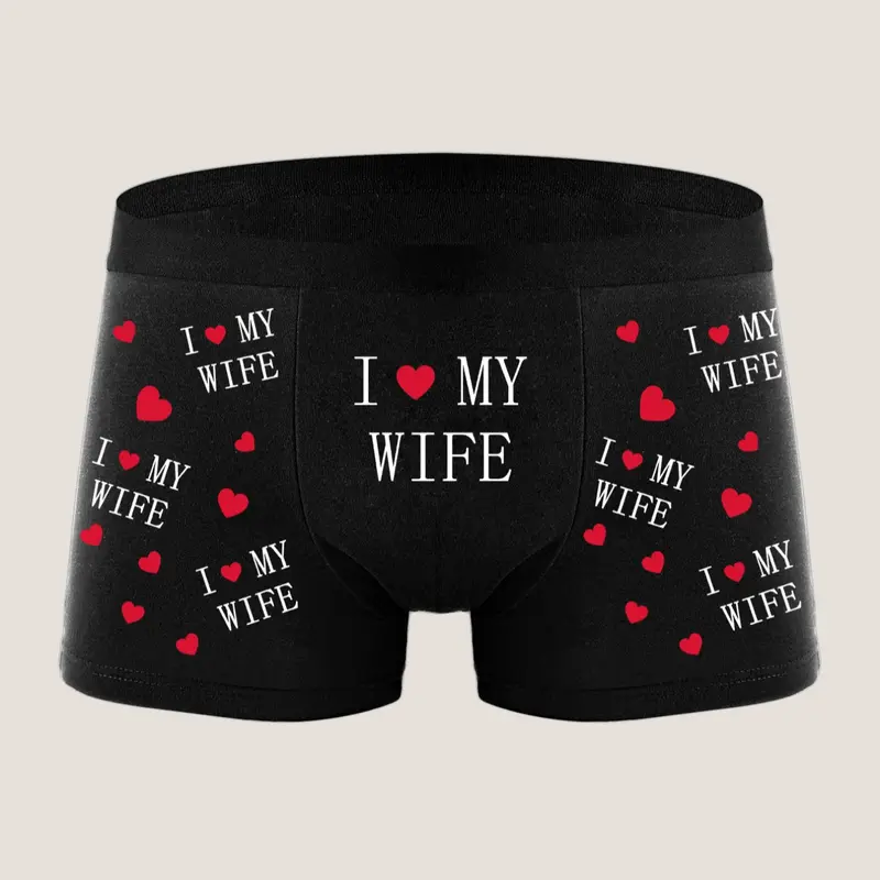 Men's Underwear Heart Letter Print Comfortable Breathable Fitted Briefs, Casual Style All Season Wear, Daily Use Soft Fabric Panties Heart Print Boxers Breathable Comfy Underwear, Breathable Undergarments