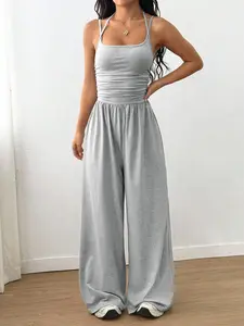 Women's Minimalist Halter Backless Sleeveless Casual Romper, Ruched Waist & Wide Leg Design, Drape Fabric, Breathable, Perfect for Commuting & Daily Wear, Halter Neck Jumpsuit, Womenswear