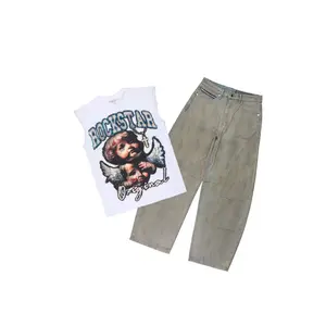 Deiter 2.0 White/Tint Blue Oversized Graphic T-Shirt & Malix Barrel Fit Jean Set