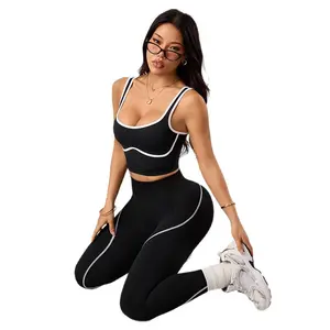 Seamless Yoga Pants Set for Women, Color-Block Sports Fitness Set, Running Fitness Vest, High-Waisted Peach-Hip Pants