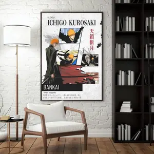 Ichigo Poster, Bleach Anime Manga Panel Art, Tensa Zangetsu Wall Print, Minimalist Anime Decor, Gift For Fans