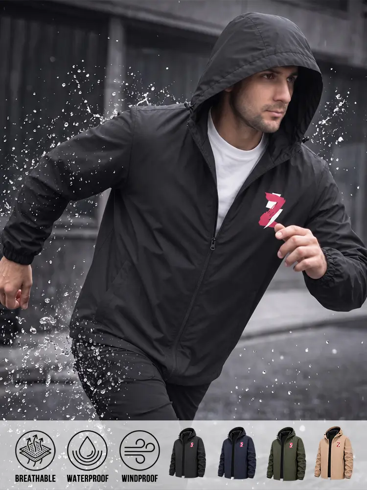 Men Multi‑Scene Hooded Sports Outer Jacket, Windproof Waterproof Breathable Fabric, Eye‑Catching Chest Print Detail, Drawstring‑Adjustable Hood, Elastic Cuffs & Hem for Hiking, Travel And Urban Daily Scenarios