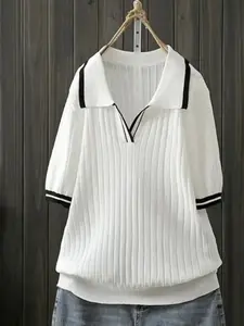 Plus Size Colorblock Polo Neck Knit Short Sleeve Top, Half Button Design, Casual College Style Slim Fit Versatile Wear