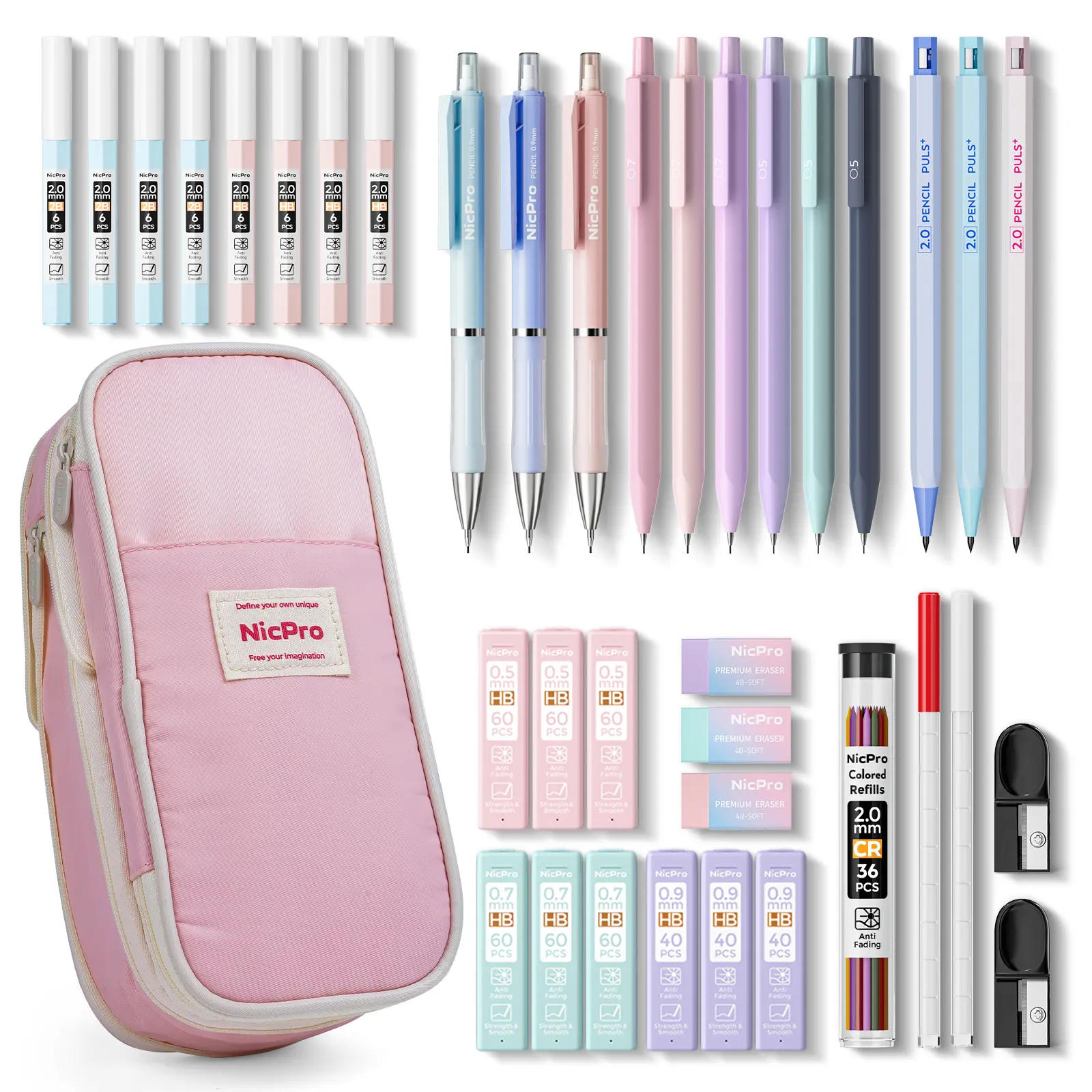 Nicpro 38PCS Cute Mechanical Pencils Set - 0.5/0.7/0.9/2.0mm Drawing Supplies Kit, 564PCS Lead Refills, Blush Pink Case, First Day of School Supplies College, Learning Materials