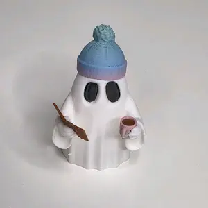 3D Printed Ghost Reading a Book with Rainbow Beanie - Unique Decor
