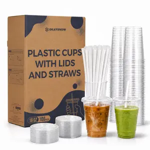16oz Clear Disposable Plastic Cups with X Slot Lids and Straws Easy Grab To Go Iced Coffee Smoothie Drink Cups BPA Free PET