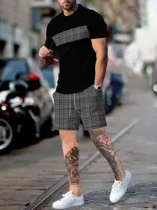 Men's Bottom Plaid Short Sleeve T-Shirt and Shorts Set, Casual Summer, All over Print, 2 Piece Set