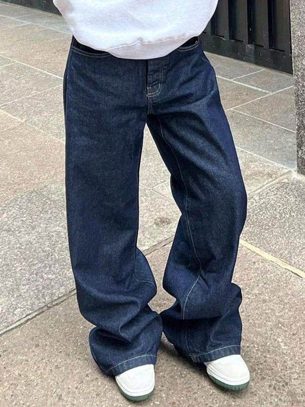 Apperloth Women Street Style Dark Blue Jeans Basic Baggy Denim Pants Trousers