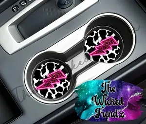 Cute Car Coasters Set of 2 Cow Print Pink Lightning Bolt Western Themed Country Cowgirl Cute Car Truck Western Accessories Decor Cup Holder New Car Gift Car Decoration Women Girl Car