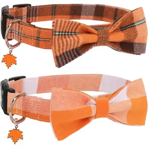 Fall Dog Collar with Bow, Halloween Thanksgiving Bowtie Collar, Adjustable Cotton Yellow Orange Plaid Bowtie Collars for Medium Dogs Pets (Medium)
