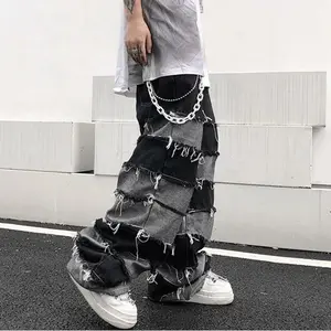 jean printed sweatpants Tassel Jeans Men's Patchwork Wide Leg Lazy Style Hip Hop Loose Denim Pants Men Baggy Ripped Distressed Stacked Jeans Grunge Cotton Menswear Fringe Sports