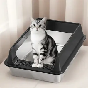 Stainless Steel High-Sided Litter Box for Adult Cats, Large-Size Deep Basin, Leak-Proof Design, Easy-to-Clean Tray