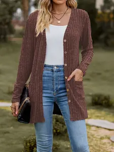 Women's Autumn Winter Button Coat, Fleece Lined Long Sleeve Fitted Cardigan, Elegant Solid Pure Color Polo Style, Stylish Outerwear for Women