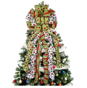 Large Christmas Bow Tree Topper - Festive Holiday Decor for Home & Wedding - Red & Green Dot Polyester Bow - Indoor/Outdoor Use - Green
