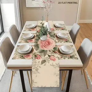 2D flat printing, set of 1 piece/4 pieces/6 pieces/5 pieces/7 pieces, retro rose flower pattern table flag and Floral Pattern Placemat set, suitable for dining and kitchen desktop decoration, family gatherings, ideal daily desktop decoration
