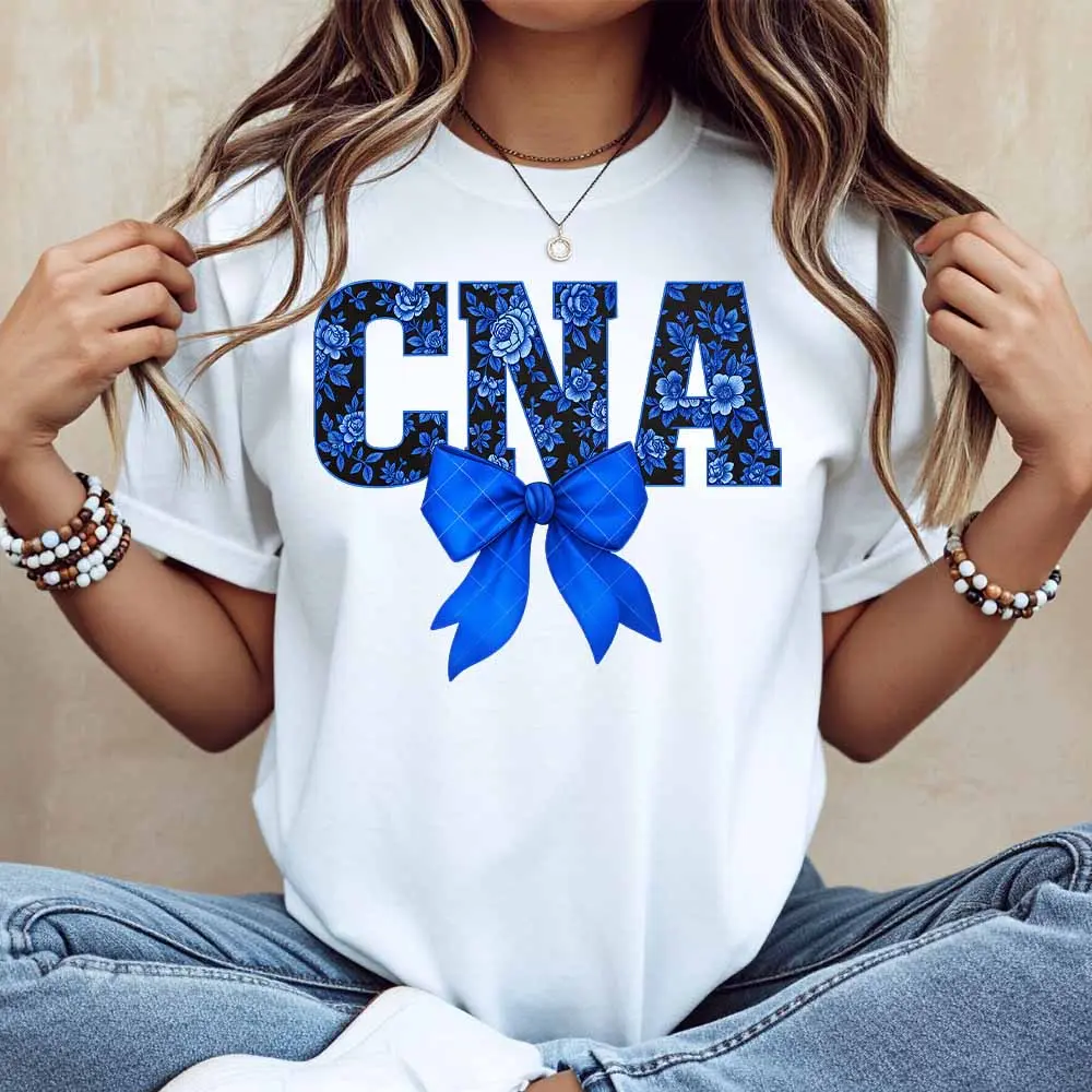 Cna Floral Print And Blue Bow T Shirt White Casual Loose Fit For Everyday Wear And Light Activities