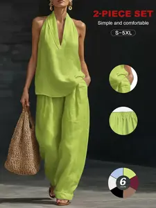 2026 Sexy Halter Backless Two Piece Set, Linen V-Neck Top & High Waist Wide Leg Pants, Summer Boho Chic Beach, Lengthen Legs