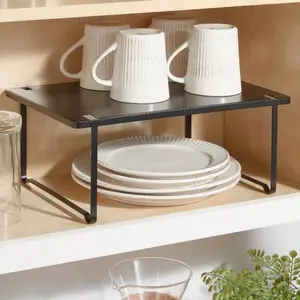 Metal Stacking Shelf With Powder Coated Finish Black -: Stackable Kitchen Storage Organizer, Shelf Riser Cabinet Decor Racks Rectangle