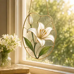 Lily Flower Stained Glass Suncatcher, White Lily Window Hanging Decor, Floral Acrylic Sun Catcher, Nature Lover Gift, Memorial Keepsake