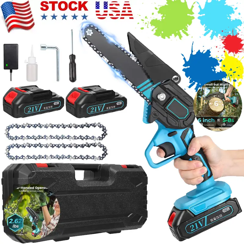 Mini Chainsaw Cordless 6-inch, Portable Handheld Electric Chain Saw with 2x3000mAh Large Batteries, Battery Powered Chainsaw Garden Tools for Wood Cut