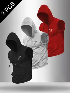 Men's 3-Piece Set Bull Head Print Round Neck Sleeveless T-Shirt, Casual Comfortable Hooded Vest, Summer Outdoor Fitness Wear