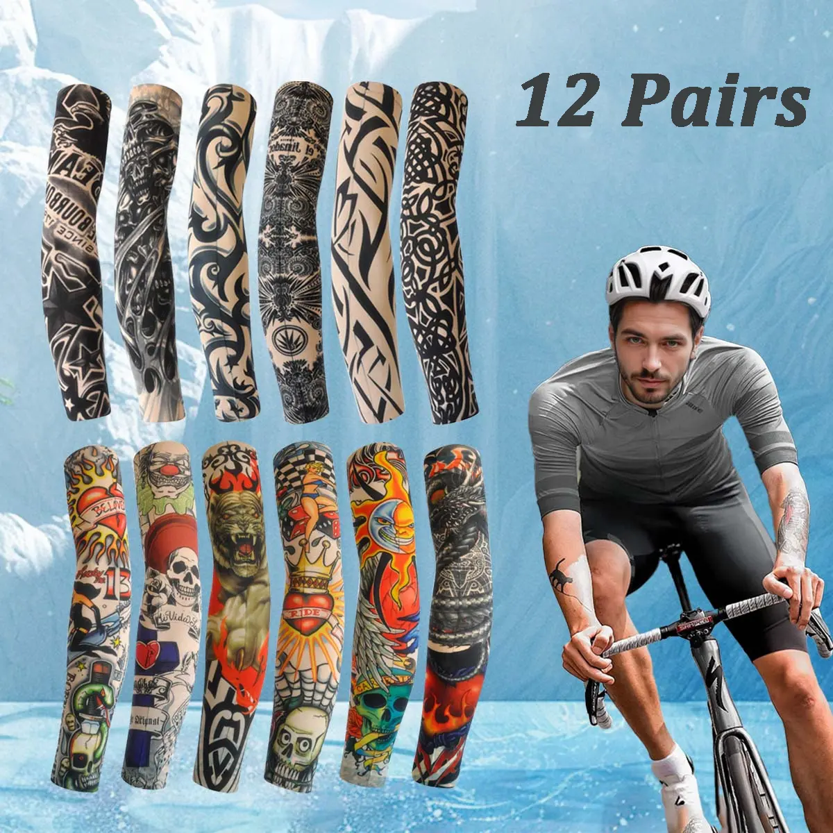 12 Pairs Tattoo Arm Sleeves Anti Slip UV Sun Protection Breathable Cooling lce Silk Covers for Men Women Stretchy Breathable Arm Guards for Cycling Driving Fishing & Party Cosplay