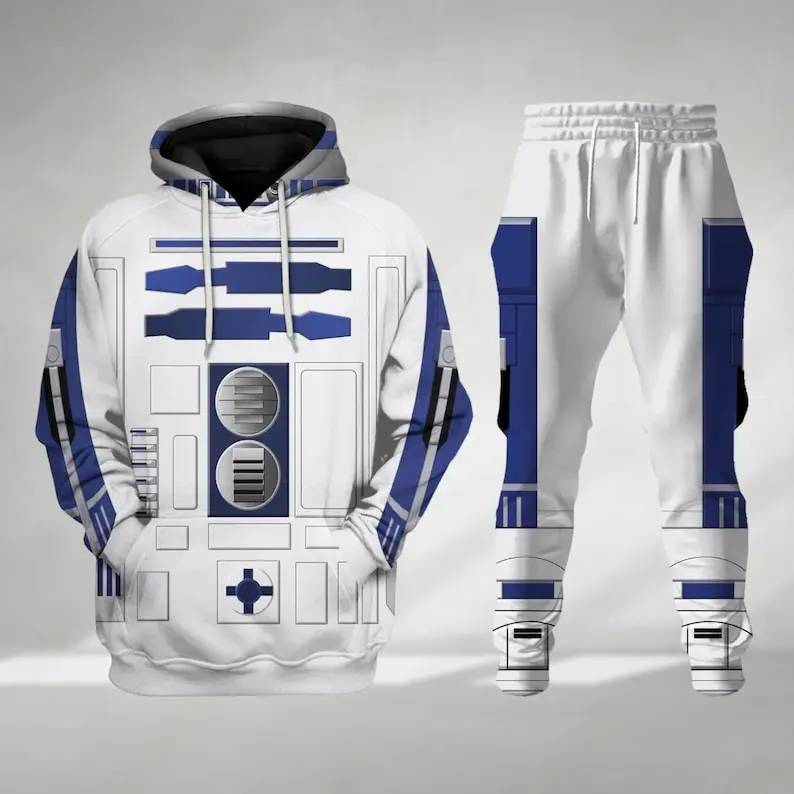 R2-D2 Robot Costume  Hoodie and Jogger Set, Blue White Droid Inspired Graphic Pullover Sweatshirt with Matching Sweatpants, Galactic Sci-Fi Cosplay Outfit, Futuristic Robot Fan Gift