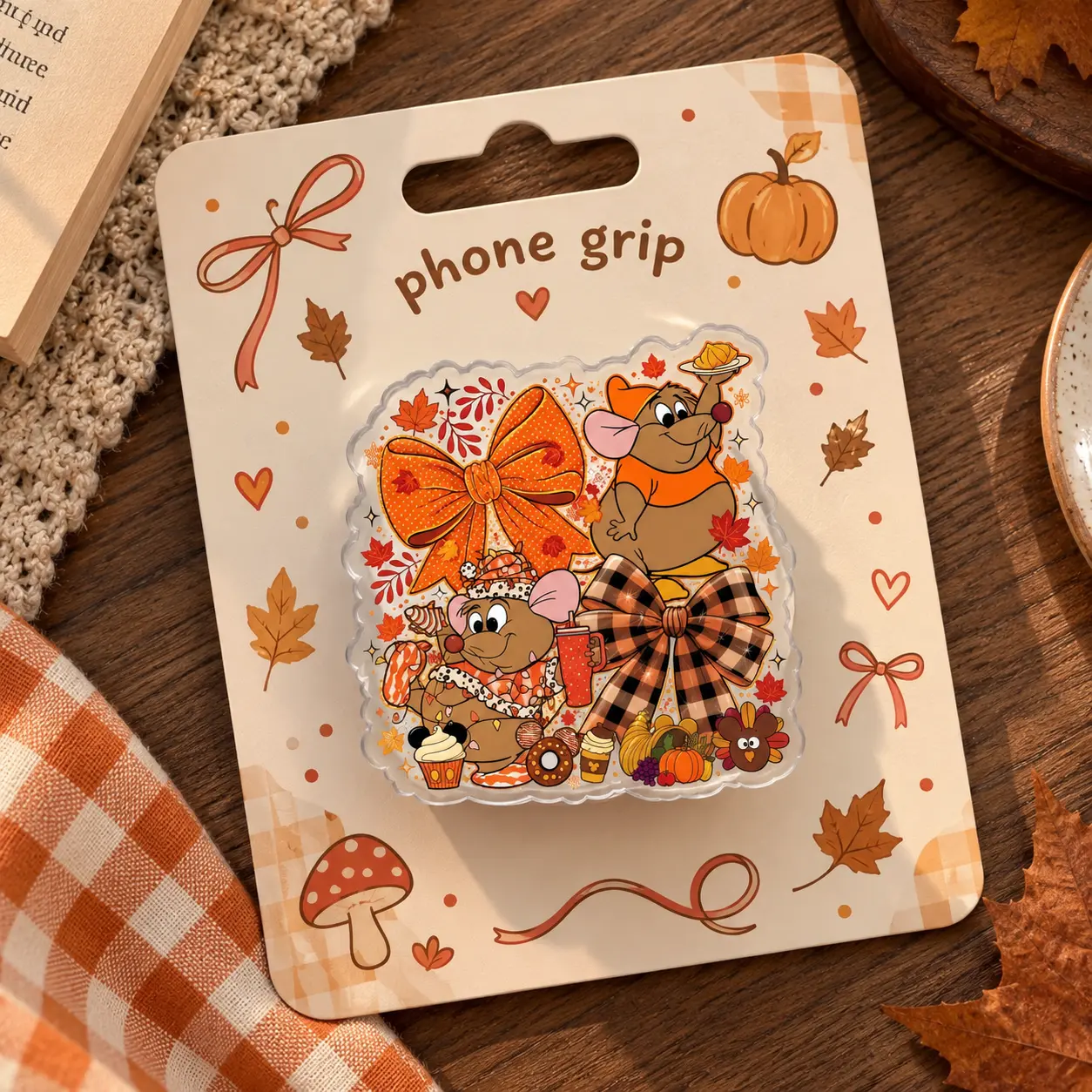 Fall Harvest Mice Bow Phone Grip, Cute Autumn Plaid Mobile Stand, Thanksgiving Treats Acrylic Reader Holder, Cozy Gift For Her