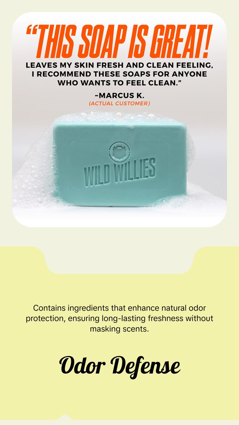 Wild Willies Moisturizing Mens Bar Soap - Bath Soaps with Shea Butter for Odor Protection - Natural Body Bar for Men Body Care Comfort