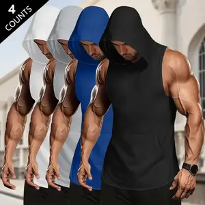 Men’s Sports Casual Hooded Tank Tops, 4-Pack – Lightweight polyester fabric with kangaroo pockets, regular fit short-sleeve tops suitable for gym workouts, running, and outdoor activities; home casual | sporty | sleeveless pullover tank tops