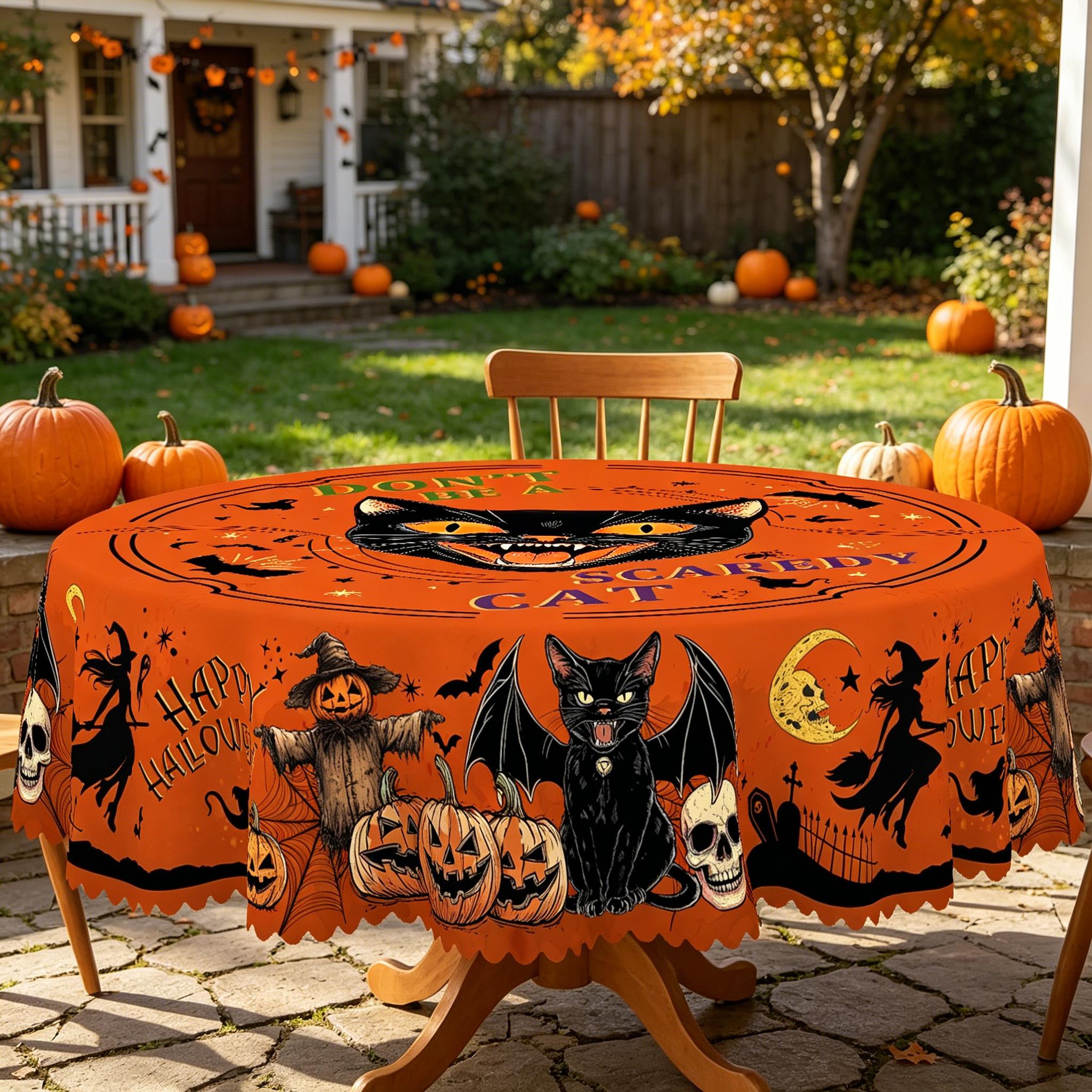 BOOPBEEP Halloween Printed Tablecloth - Vintage Farmhouse Style, Pumpkin & Black Cat Patterns, Rectangular/Round Dining/Kitchen Cover, Nostalgic Halloween Decor, Brunches Indoors Use, Holiday Gift, Pumpkin Ghost Pattern Kitchen Linen Sets, Decoration, Ind