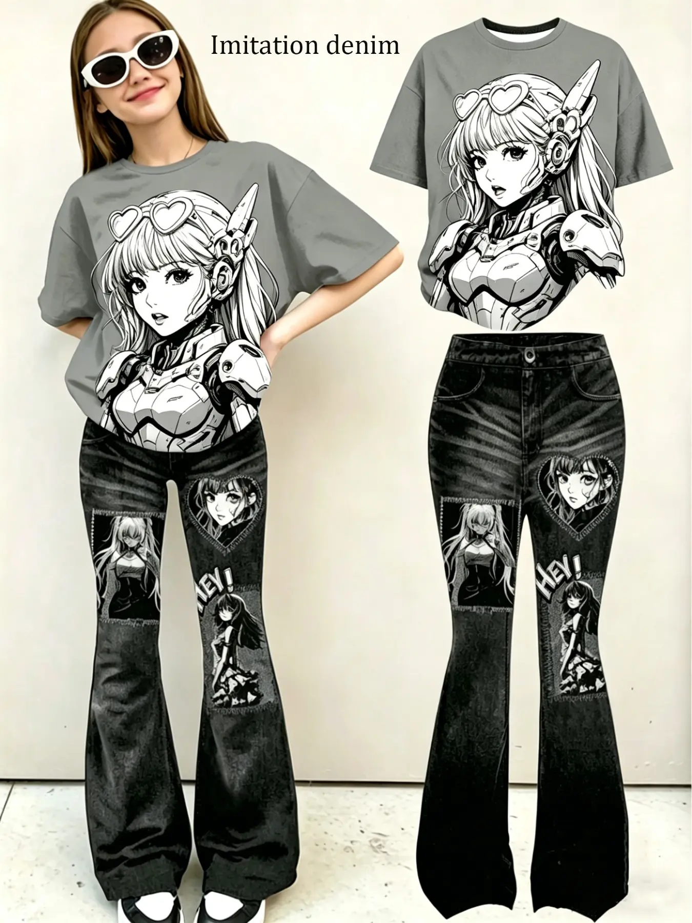 Y2K Cartoon Anime Girl Print T-Shirt + Denim Bell Bottoms Set, Casual Slim-Fitting Suit for Girls Ages 4-12, Kids Fashion