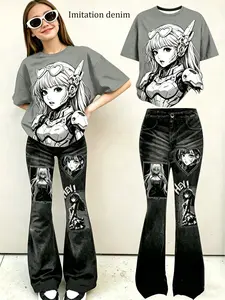 Y2K Cartoon Anime Girl Print T-Shirt + Denim Bell Bottoms Set, Casual Slim-Fitting Suit for Girls Ages 4-12, Kids Fashion