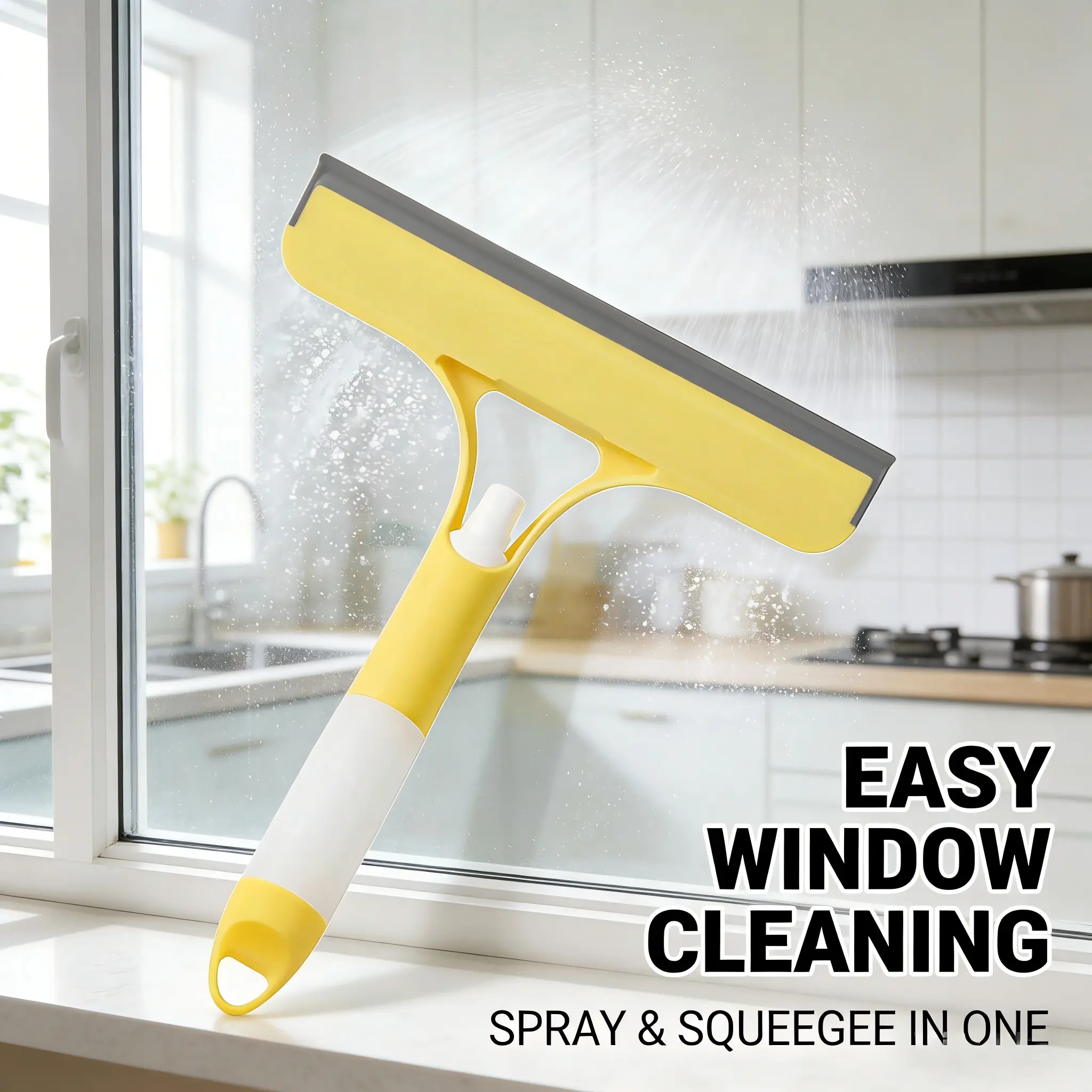 Functional PVC 3-in-1 Plastic Handheld Cleaner Tool - Stiff Bristle Squeegee, Spray+Scrub, Durable Silicone Microfiber Wipe, Lightweight Single Unit for Household Kitchen & Window Walls, Customer Service Assurance