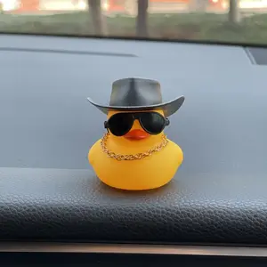 2pcs Dashboard Duck Ornament with Sunglasses and Chain, Auto Decoration Duck Figurine with Black Hat, Car Ornament
