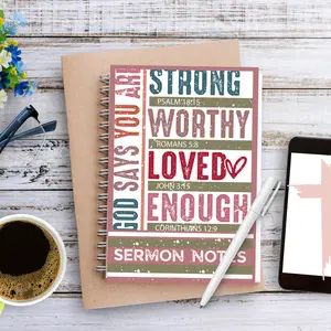 Sermon Notes Bound Notebook for Church with Uplifting Messages God Says You Are Strong Worthy Loved Enough