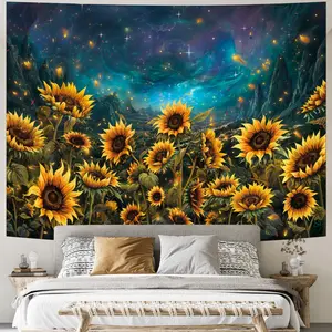 Sunflower Tapestry Galaxy Space Tapestry Fall Yellow Floral Plants Tapestry Starry Sky Mountain Nature Tapestry Wall Hanging for Living Room