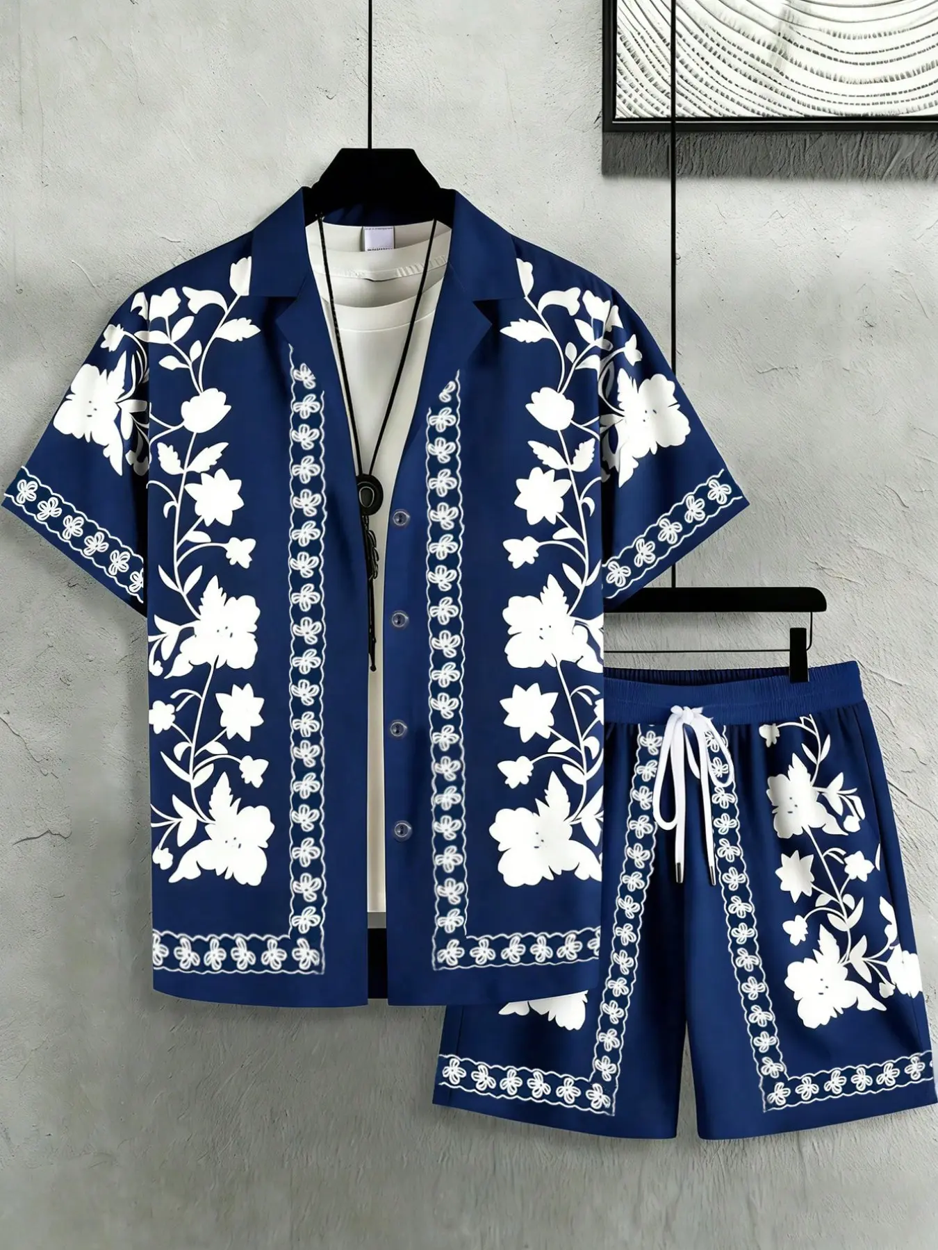 Men's Sleepwear Set Loungewear Pajama Floral Print Suit Collar Short Sleeve Shirt, Dual Pocket Drawstring Shorts, Knit Fabric, Spring Summer, 2-Piece Set