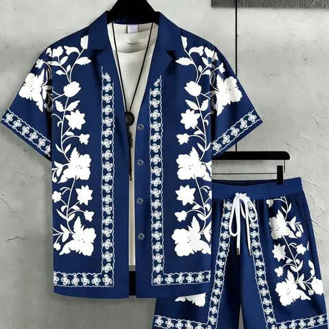 Men's Floral Print Pajama Set Pjs, Short Sleeve Lapel Collar Shirt & Pockets Drawstring Waist Shorts for Summer, Knit Fabric, 2-Piece Set