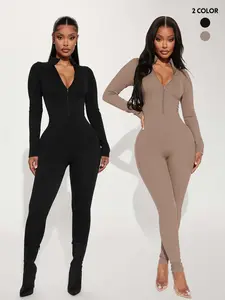 Women's Casual Long Sleeve Jumpsuit Set, Slim-Fitting Plain Design, Fall Fashion, 2 Piece, Comfortable and Stylish, Womenswear